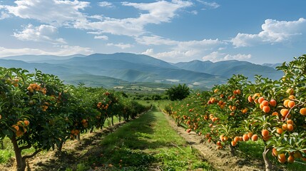 Sticker - Fields of apricots trees with bright orange fruits picture