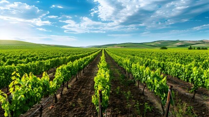 Wall Mural - Fields of grapes bushes with green and red image