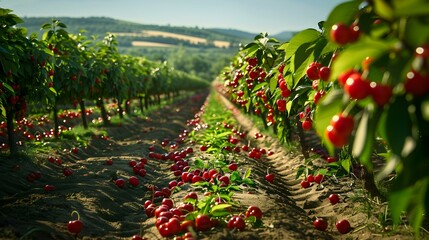 Wall Mural - Cherry fields and trees with bright red fruits picture