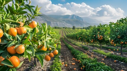 Sticker - Fields of grapefruits and trees with brightly colored image