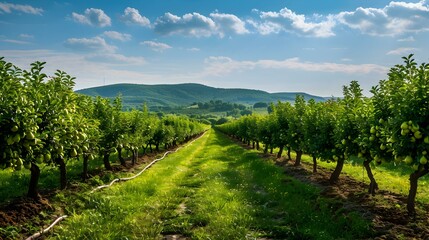 Wall Mural - Fields of pears and trees with bright green image