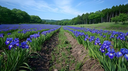 Poster - Fields of iris and bright blue and purple picture