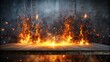 © Caitlin - Isolated dark background illuminates eerie orange flames and sparkling embers dancing atop a sleek concrete table's rugged surface alone.
