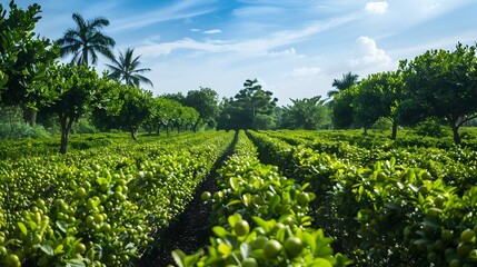 Wall Mural - Fields of limes trees with green fruits grow