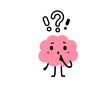 © wowomnom - Vector cartoon illustration of cute happy brain character with question mark on white color background. Flat doodle style design of doubt brain think