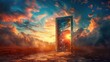 © MakoPoko - A mystical door opening to a vibrant, sunlit sky, symbolizing new opportunities and boundless possibilities in a dreamlike, surreal setting.