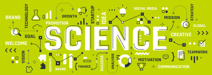 Vector creative illustration of science word typography with line icon, word cloud on green color background. Line art style design of science business infographic concept