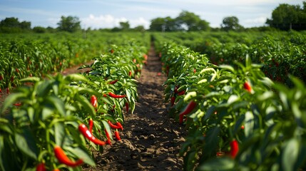 Poster - Fields of chili peppers bushes with bright red