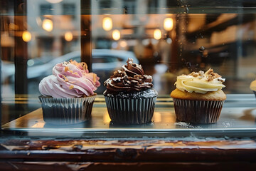 Canvas Print - three cupcakes displayed in glass case and chocolate muffins in cafe window