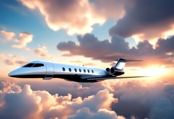 Wall Mural - rendering design sky black private huge white flying generic jet horizontal background luxury image blue concept travel sunset clouds 3d plane class vip first business flight air transportation