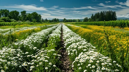 Poster - Fields of yarrow white and yellow flowers grow image