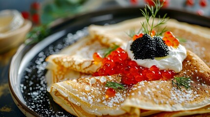 Wall Mural - Pancakes with caviar are tender and thin pancakes img