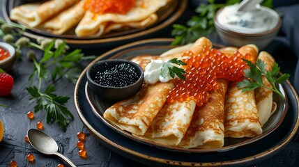 Wall Mural - Pancakes with caviar are tender and thin pancakes picture