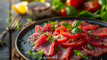 Wall Mural - Tuna carpaccio thin slices of fresh tuna seasoned