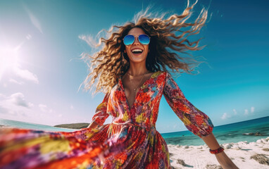 joyful and happy woman in colorful dress on the beach.