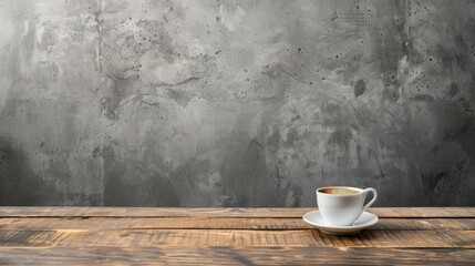 Wall Mural - wooden table with cup of coffee on concrete backdrop