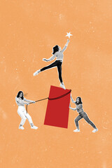 Wall Mural - vertical poster collage young woman girls teamwork colleagues cooperation tied rope pull effort push