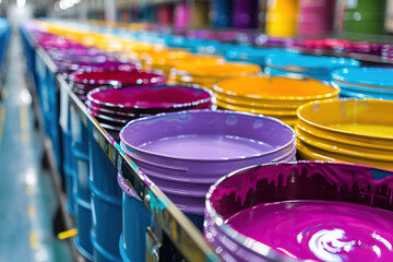 Factory for the production of paints. Jars of paint of different colors on a conveyor belt. Generated by artificial intelligence