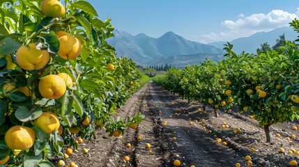 Poster - Quince fields and trees with large yellow fruits