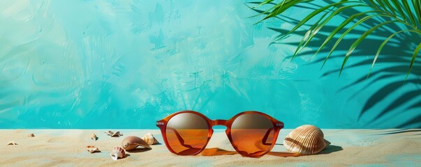 Wall Mural - Sunglasses on sandy beach with seashells and tropical leaves, set against a turquoise background capturing the essence of summer vacation