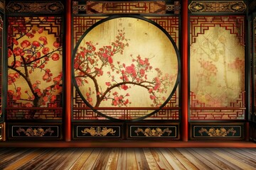 Traditional chinese room interior featuring a wooden floor and beautiful cherry blossom design