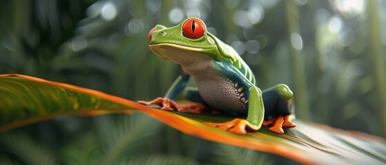 Wall Mural - Vibrant red-eyed tree frog perched on a tropical leaf in a lush jungle, displaying its striking colors and natural habitat.