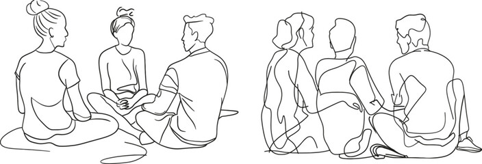 Fototapete - a group of young people sits on the ground together and talks. friends rest and communicate. the ske