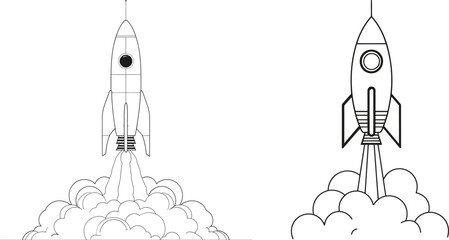 Aufkleber - Drawing of a simple retro spacecraft flying into outer space. Rocket space ships taking off into the universe. Dynamic one line draw design of a modern graphic illustration.