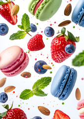 Wall Mural - Flying colored macaroons with mint leaves, almonds and blueberries. Levitating colored macaroons with different flavors