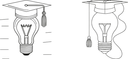 Wall Mural - Line drawing of a light bulb and graduation hat. The light bulb lamp represents education and learning in a simple linear style. The stroke can be edited. Doodle Modern illustration.