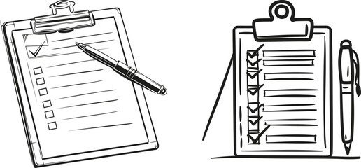 Fototapete - Doodle modern illustration of a clipboard with check list and pen. To do list with ticks and concept for test expertise and exam. With editable strokes.