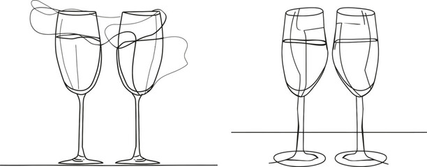 Aufkleber - Champagne glasses clinking on a one-line design. Creative sparkling wine glass, continuous lines modern banner. Suitable for parties, celebrations, and new year's celebrations.