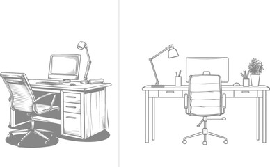Aufkleber - Doodle modern illustration of the interior of a home office with a modern work desk and chair, holding a laptop in a simple linear style. New remote working concept illustrated in editable strokes.