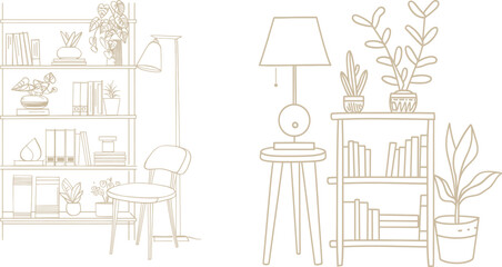 Aufkleber - The drawing shows a cabinet with a floor lamp and an indoor plant in simple linear style. You can edit the stroke. Modern doodle illustration.