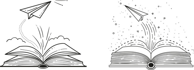 Poster - Drawing of an open book and flying paper plane. One line drawing for business, education. One line drawing of content for school, instructing. Modern illustration on white background. Hand drawn