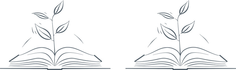Aufkleber - In this drawing, a book is open with a sprout plant growing inside. The concept of education is expressed in a simple linear style. Growing wisdom is portrayed in editable strokes. This modern