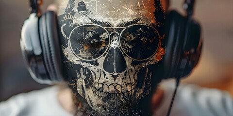 Wall Mural - Cool Skull Design with Headphones and Retro Style on a T-Shirt. Concept T-shirt Design Ideas, Skull with Headphones, Retro Style, Cool Graphic Tee, Unique Apparel