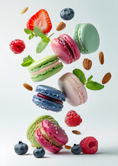 Canvas Print - Flying colored macaroons with mint leaves, almonds and blueberries. Levitating colored macaroons with different flavors