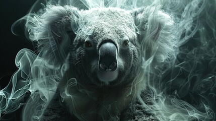 Canvas Print -   Koala Smoke - A close-up portrait of a Koala emitting thick plumes of smoke through its nostrils The ethereal imagery captures the