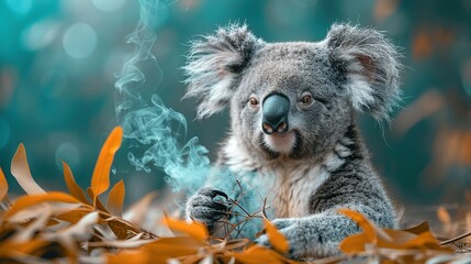 Wall Mural -   A koala perches on a pile of dry grass near a leafy green and orange tree