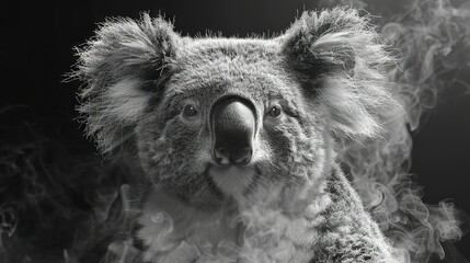 Wall Mural -   A photo of a koala bear with smoke coming out its mouth and eyes in black and white