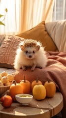 Poster - a small animal is sitting on a couch next to some pumpkins.