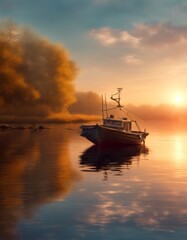 Wall Mural - digital sea fishing color generate nature ai boat sunset light travel oil sunrise painting landscape lake horizon ocean