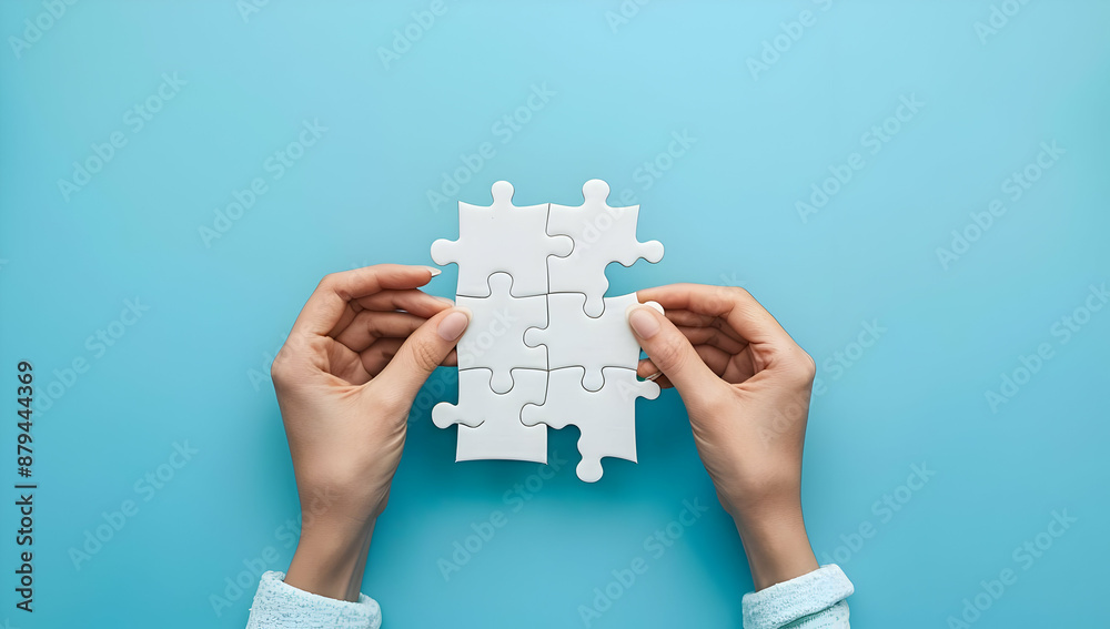 Hands holding pieces of a white jigsaw puzzle over a blue background ...