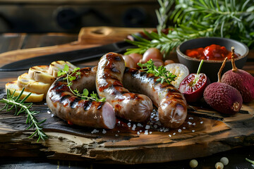 Grilled sausages served on a rustic wooden board with herbs, fruits, and dipping sauce, capturing a mouth-watering and gourmet presentation.