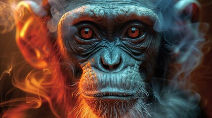 Wall Mural -   A monkey's face, close-up, with smoke streaming from its eyes