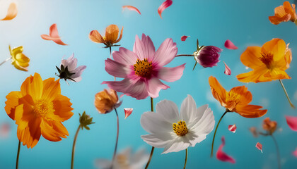 Wall Mural - 花 春 花畑 自然 青空 咲く カラフル 成長 生命力 美しさ ピンク 黄色 花弁 屋外 日光 フレッシュ 植物 青 緑 和み