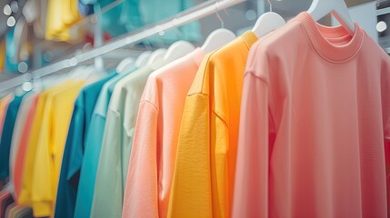 Colorful t-shirts on white hangers in a clothing store. Shallow depth of field photography. Casual wear and fashion retail concept.