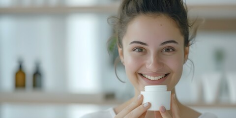 Canvas Print - Smiling woman in bathroom holding white face wash tube for skincare. Concept Skincare Routine, Bathroom Beauty, Happy Woman, Product Photography, White Face Wash Tube