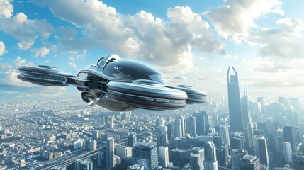 Canvas Print - A futuristic flying car concept hovering above a cityscape, illustrating the next frontier in transportation technology